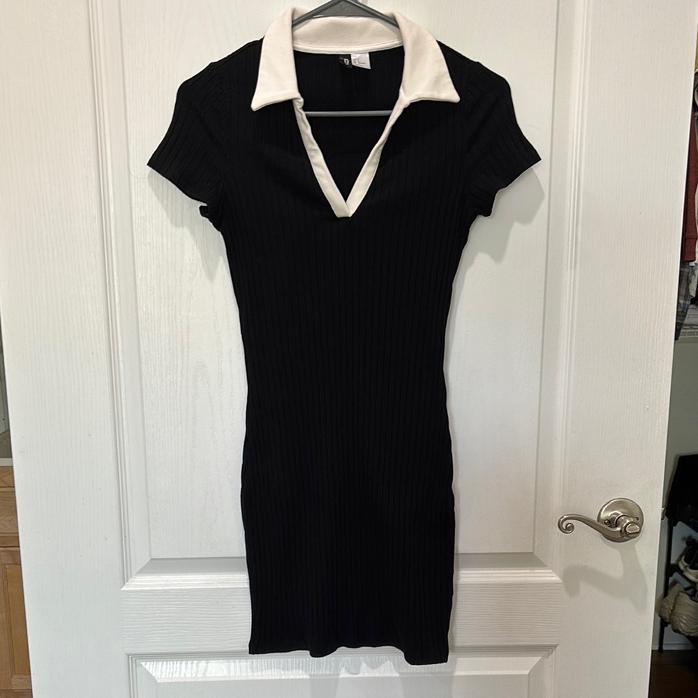 H&M Black and White Sheath Dress with Notched Collar